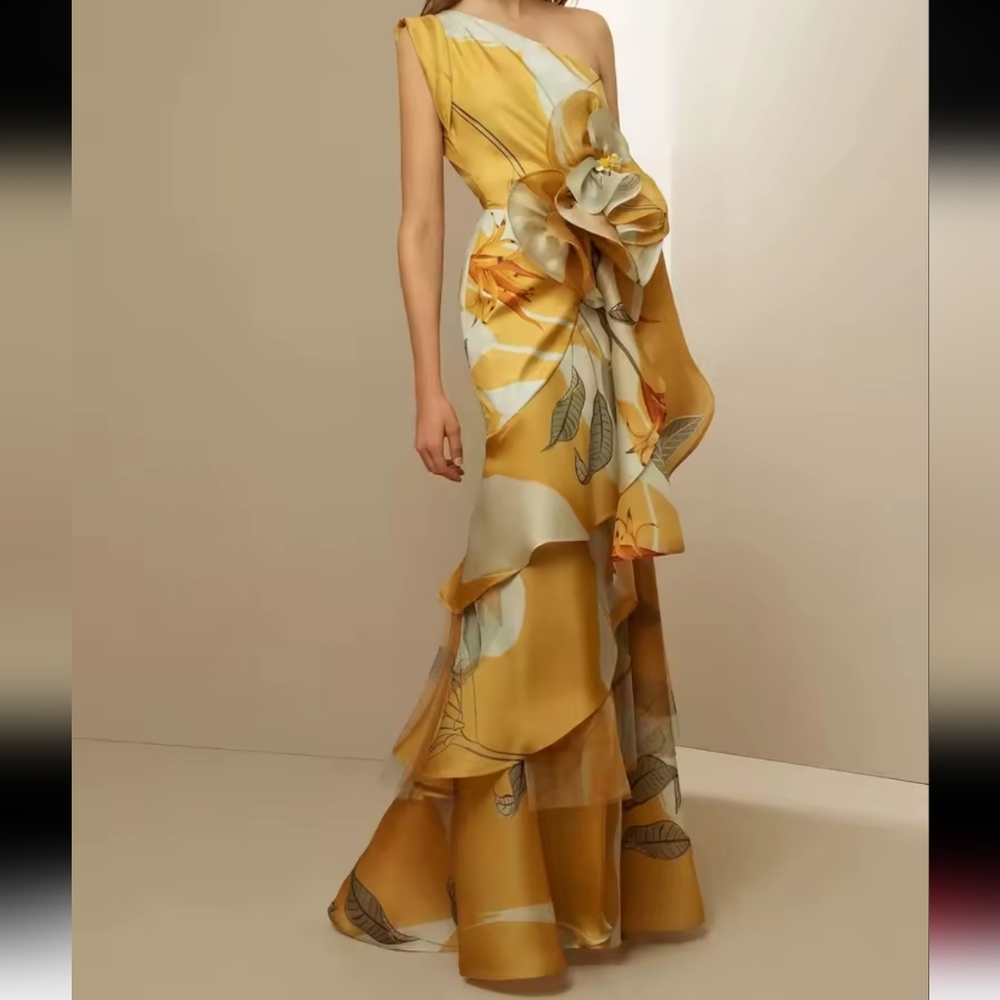 Elegant Banquet Floral Print Dress Women French Retro High-end One Shoulder